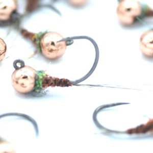 Ninfa jig rame e verde con testa in tungsteno per pesca a mosca